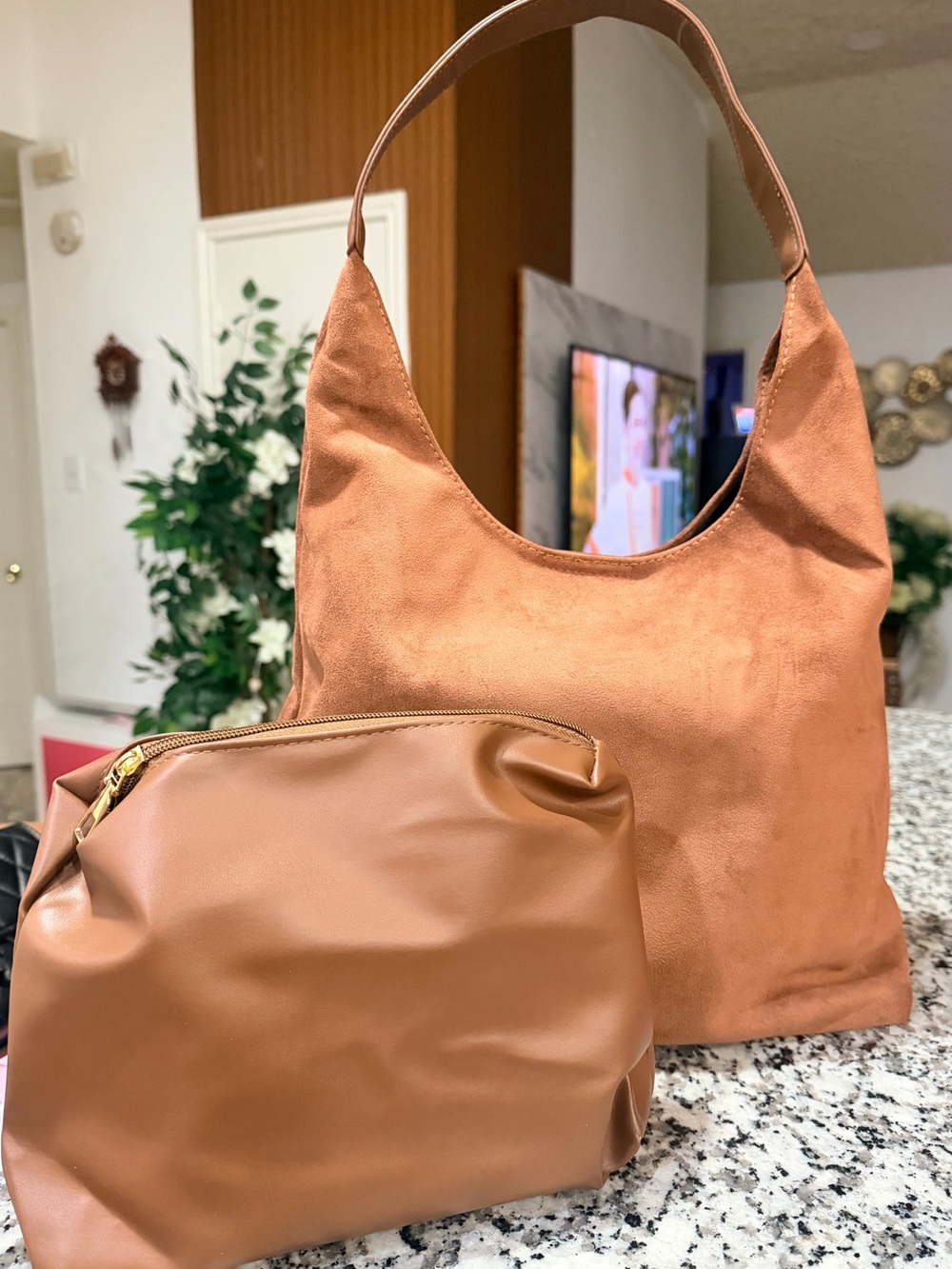Classic Tan Suede Hobo Bag with Pouch